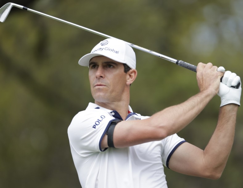 Mar 28, 2021; Austin, Texas, USA; Billy Horschel tees off on #10 in the semifinal match of the final day of the WGC Dell Technologies Match Play golf tournament at Austin Country Club. Mandatory Credit: Erich Schlegel-USA TODAY Sports