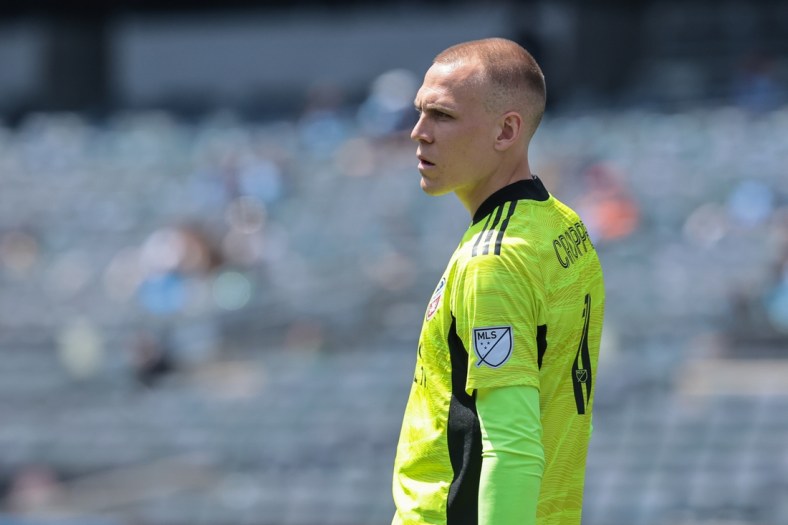 Apr 24, 2021; New York, New York, USA; FC Cincinnati goalkeeper Cody Cropper (1) looks on against New York City FC during the first half at Yankee Stadium. Mandatory Credit: Vincent Carchietta-USA TODAY Sports