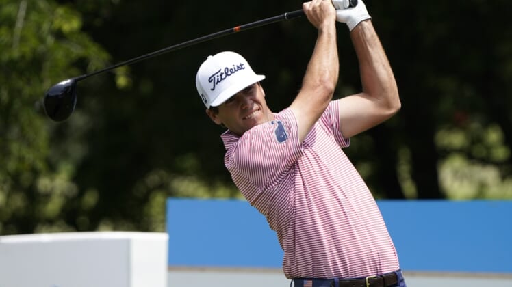 May 15, 2021; McKinney, Texas, USA; Ben Martin plays his shot from the second tee during the third round of the AT&T Byron Nelson golf tournament. Mandatory Credit: Jim Cowsert-USA TODAY Sports