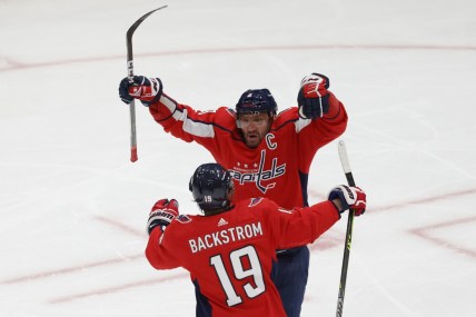 May 15, 2021; Washington, District of Columbia, USA; Washington Capitals left wing Alex Ovechkin (8) celebrates with Capitals center Nicklas Backstrom (19) after a goal by Capitals defenseman Brenden Dillon (not pictured) against the Boston Bruins in the second period in game one of the first round of the 2021 Stanley Cup Playoffs at Capital One Arena. Mandatory Credit: Geoff Burke-USA TODAY Sports