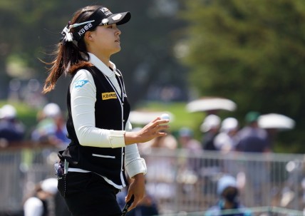 Jun 5, 2021; San Francisco, California, USA; In Gee Chun waves after her putt on the tenth green during the third round of the U.S. Women's Open golf tournament at The Olympic Club. Mandatory Credit: Kyle Terada-USA TODAY Sports