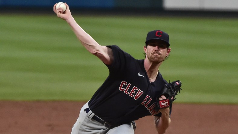 Jun 8, 2021; St. Louis, Missouri, USA;  Cleveland Indians starting pitcher Shane Bieber (57) pitches during the third inning against the St. Louis Cardinals at Busch Stadium. Mandatory Credit: Jeff Curry-USA TODAY Sports