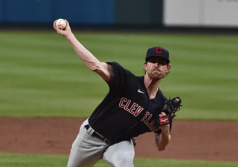 Jun 8, 2021; St. Louis, Missouri, USA;  Cleveland Indians starting pitcher Shane Bieber (57) pitches during the third inning against the St. Louis Cardinals at Busch Stadium. Mandatory Credit: Jeff Curry-USA TODAY Sports