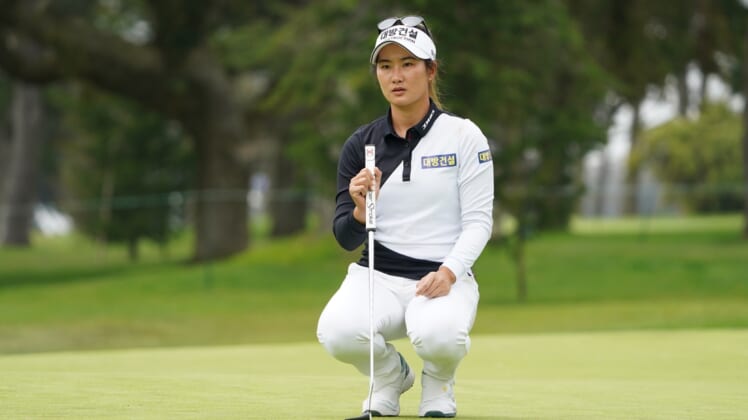 June 12, 2021; Daly City, California, USA; Su Oh lines up her putt on the fifth hole during the third round of the LPGA MEDIHEAL Championship golf tournament at Lake Merced Golf Club. Mandatory Credit: Kyle Terada-USA TODAY Sports
