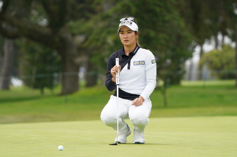 June 12, 2021; Daly City, California, USA; Su Oh lines up her putt on the fifth hole during the third round of the LPGA MEDIHEAL Championship golf tournament at Lake Merced Golf Club. Mandatory Credit: Kyle Terada-USA TODAY Sports