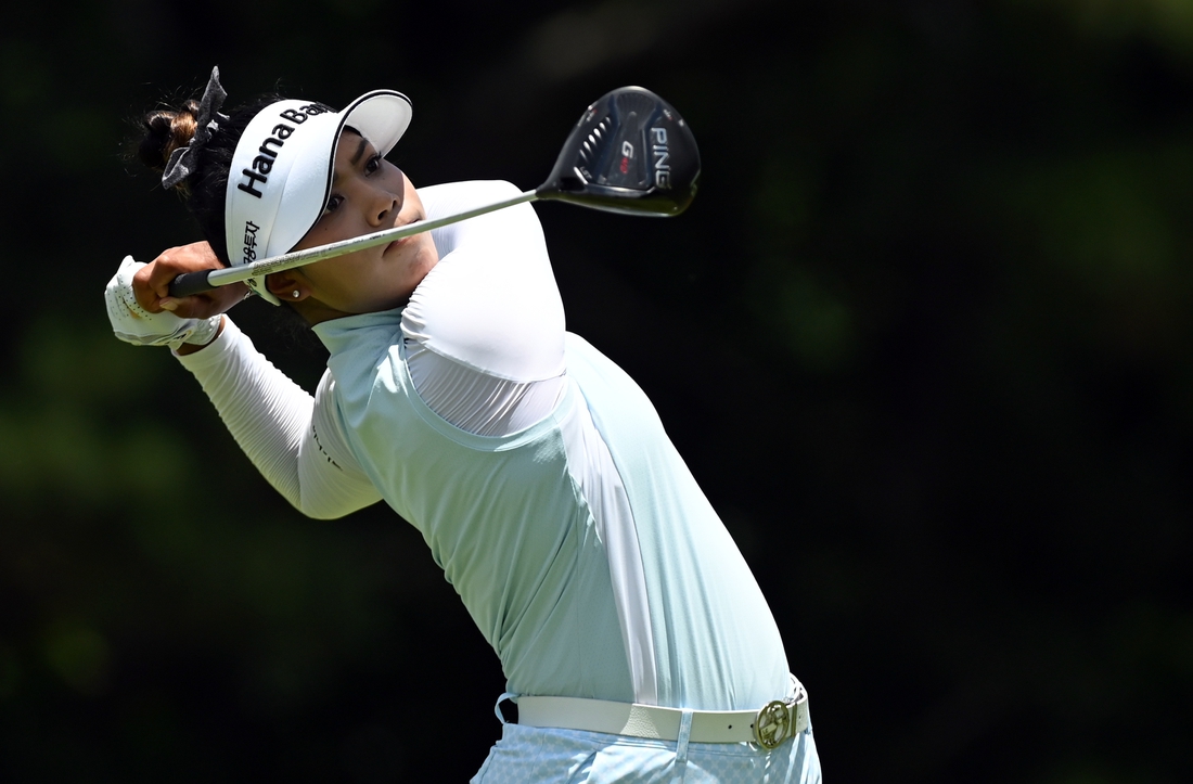 Jun 27, 2021; John's Creek, Georgia, USA; Patty Tavatanakit plays her shot from the second tee during the final round of the KPMG Women's PGA Championship golf tournament at the Atlanta Athletic Club. Mandatory Credit: Adam Hagy-USA TODAY Sports