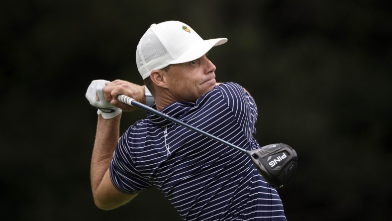 Jul 8, 2021; Silvis, Illinois, USA; Ben Martin plays his tee shot on the 13th hole during the first round of the John Deere Classic golf tournament. Mandatory Credit: Marc Lebryk-USA TODAY Sports