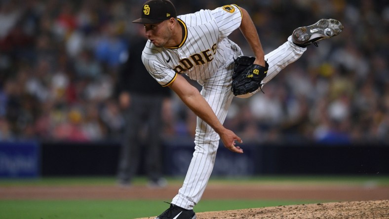 Jul 10, 2021; San Diego, California, USA; San Diego Padres relief pitcher James Norwood (67) throws a pitch against the Colorado Rockies during the eighth inning at Petco Park. Mandatory Credit: Orlando Ramirez-USA TODAY Sports