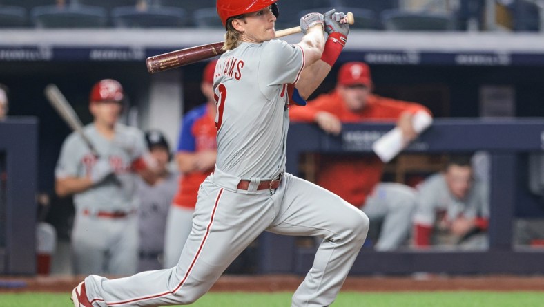 Jul 20, 2021; Bronx, New York, USA; Philadelphia Phillies third baseman Luke Williams (30) singles during the eighth inning against the Philadelphia Phillies at Yankee Stadium. Mandatory Credit: Vincent Carchietta-USA TODAY Sports