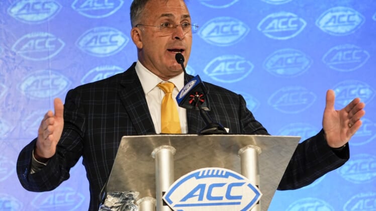 Jul 21, 2021; Charlotte, NC, USA; Pitt Panthers head coach Pat Narduzzi speaks to the media during the ACC Kickoff at The Westin Charlotte. Mandatory Credit: Jim Dedmon-USA TODAY Sports
