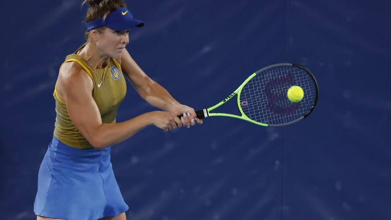 Jul 29, 2021; Tokyo, Japan; Elina Svitolina of Ukraine hits a backhand against Marketa Vondrousova of Czech Republic (not pictured) in a women's singles semifinal during the Tokyo 2020 Olympic Summer Games at Ariake Tennis Park. Mandatory Credit: Geoff Burke-USA TODAY Sports