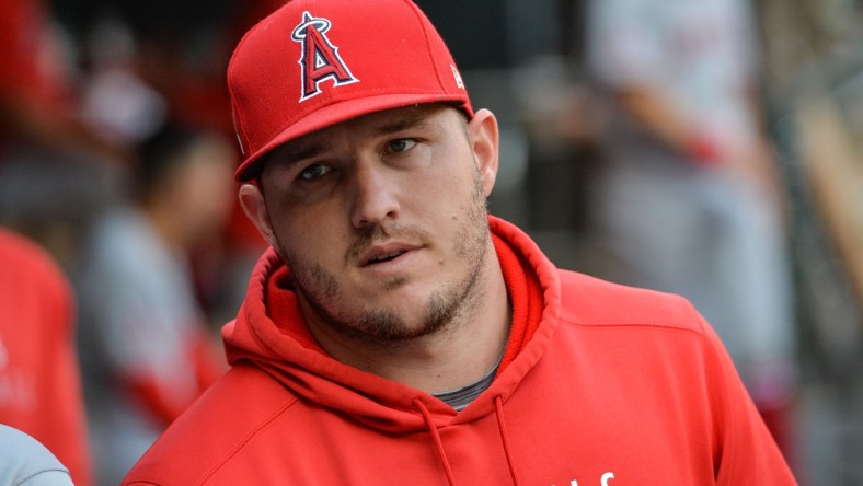 Jul 24, 2021; Minneapolis, Minnesota, USA; Los Angeles Angels center fielder Mike Trout (27) before the game against the Minnesota Twins at Target Field. Mandatory Credit: Jeffrey Becker-USA TODAY Sports