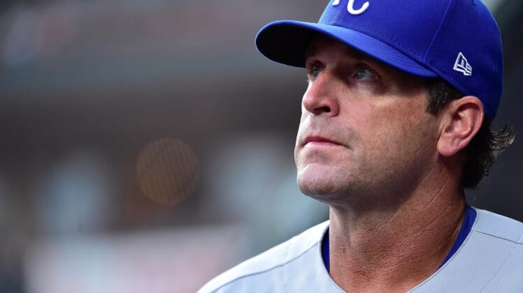 Aug 6, 2021; St. Louis, Missouri, USA;  Kansas City Royals manager Mike Matheny (22) looks on from the dugout before a game against the St. Louis Cardinals at Busch Stadium. Mandatory Credit: Jeff Curry-USA TODAY Sports