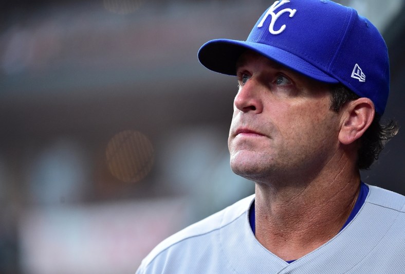Aug 6, 2021; St. Louis, Missouri, USA;  Kansas City Royals manager Mike Matheny (22) looks on from the dugout before a game against the St. Louis Cardinals at Busch Stadium. Mandatory Credit: Jeff Curry-USA TODAY Sports