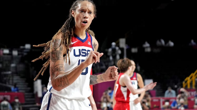 Aug 8, 2021; Saitama, Japan; United States centre Brittney Griner (15) reacts to a call against Japan in the women's basketball gold medal match during the Tokyo 2020 Olympic Summer Games at Saitama Super Arena. Mandatory Credit: James Lang-USA TODAY Sports
