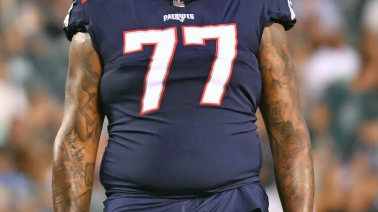 Aug 19, 2021; Philadelphia, Pennsylvania, USA; New England Patriots offensive tackle Trent Brown (77) against the Philadelphia Eagles  at Lincoln Financial Field. Mandatory Credit: Eric Hartline-USA TODAY Sports