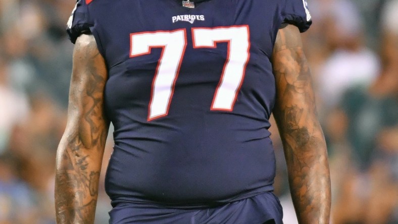 Aug 19, 2021; Philadelphia, Pennsylvania, USA; New England Patriots offensive tackle Trent Brown (77) against the Philadelphia Eagles  at Lincoln Financial Field. Mandatory Credit: Eric Hartline-USA TODAY Sports