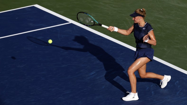 Aug 30, 2021; Flushing, NY, USA; Dayana Yastremska of Ukraine in action against Angelique Kerber of Germany in a first round match on day one of the 2021 U.S. Open tennis tournament at USTA Billie King National Tennis Center. Mandatory Credit: Jerry Lai-USA TODAY Sports