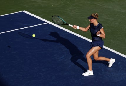 Aug 30, 2021; Flushing, NY, USA;  Dayana Yastremska of Ukraine in action against Angelique Kerber of Germany in a first round match on day one of the 2021 U.S. Open tennis tournament at USTA Billie King National Tennis Center. Mandatory Credit: Jerry Lai-USA TODAY Sports