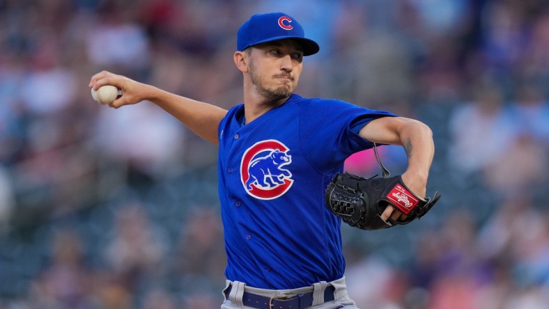 Aug 31, 2021; Minneapolis, Minnesota, USA; Chicago Cubs starting pitcher Zach Davies (27) throws against the Minnesota Twins in the first inning at Target Field. Mandatory Credit: Brad Rempel-USA TODAY Sports