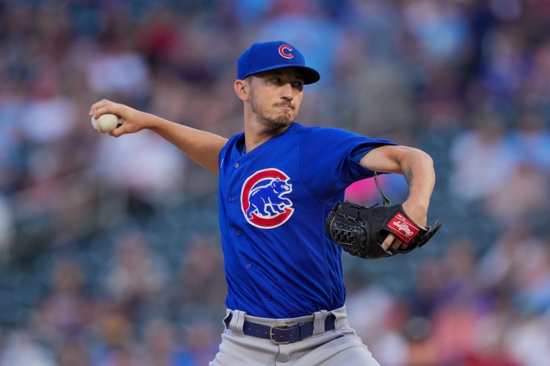 Aug 31, 2021; Minneapolis, Minnesota, USA; Chicago Cubs starting pitcher Zach Davies (27) throws against the Minnesota Twins in the first inning at Target Field. Mandatory Credit: Brad Rempel-USA TODAY Sports