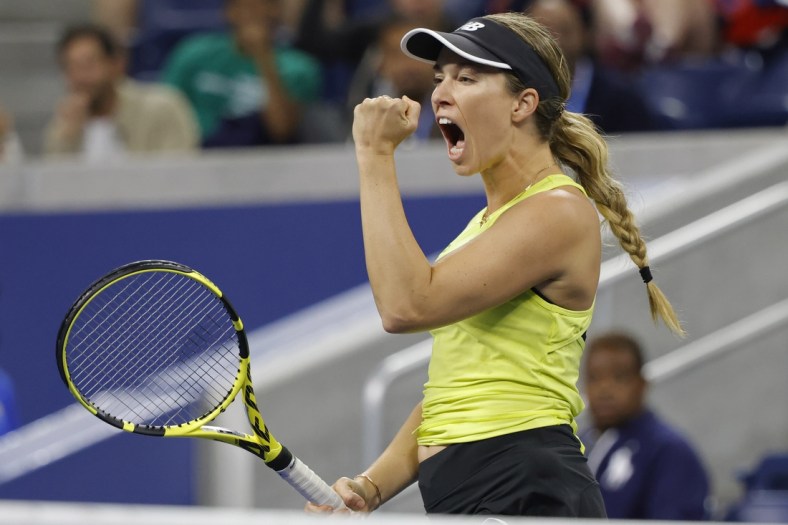 Sep 3, 2021; Flushing, NY, USA; Danielle Collins of the United States reacts after winning a point against Arnya Sabalenka of Belarus (not pictured) on day five of the 2021 U.S. Open tennis tournament at USTA Billie Jean King National Tennis Center. Mandatory Credit: Geoff Burke-USA TODAY Sports