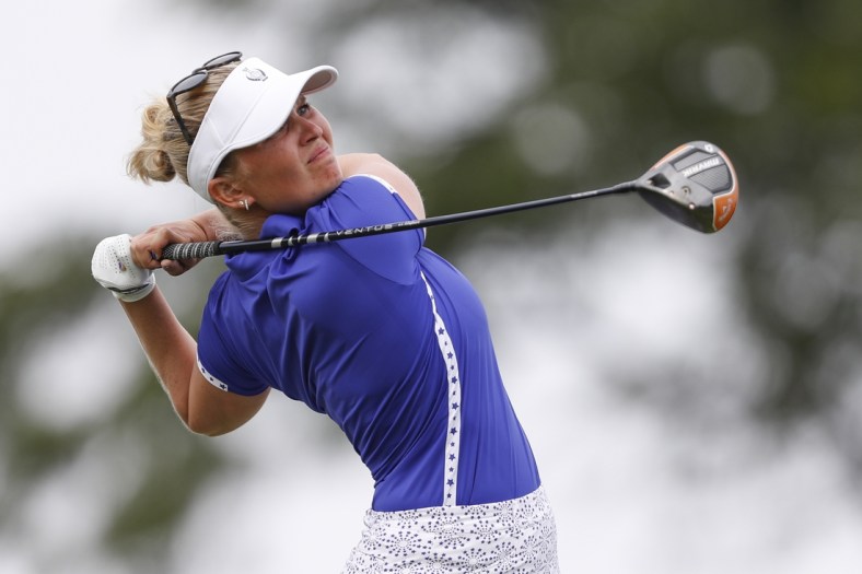 Sep 4, 2021; Toledo, Ohio, USA; Nanna Koerstz Madsen of Team Europe tees off on the fourteenth hole during afternoon fourball in the 2021 Solheim Cup at Inverness Club. Mandatory Credit: Raj Mehta-USA TODAY Sports