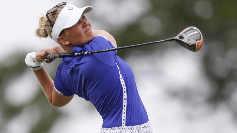 Sep 4, 2021; Toledo, Ohio, USA; Nanna Koerstz Madsen tees off at the 2021 Solheim Cup at Inverness Club. Mandatory Credit: Raj Mehta-USA TODAY Sports