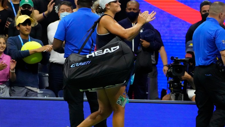 Sep 4, 2021; Flushing, NY, USA; 
Ashleigh Barty of Australia after losing to Shelby Rogers of the USA on day six of the 2021 U.S. Open tennis tournament at USTA Billie Jean King National Tennis Center. Mandatory Credit: Robert Deutsch-USA TODAY Sports