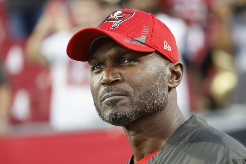 Sep 9, 2021; Tampa, Florida, USA; Tampa Bay Buccaneers defensive coordinator Todd Bowles looks on before a game against the Dallas Cowboysn at Raymond James Stadium. Mandatory Credit: Kim Klement-USA TODAY Sports