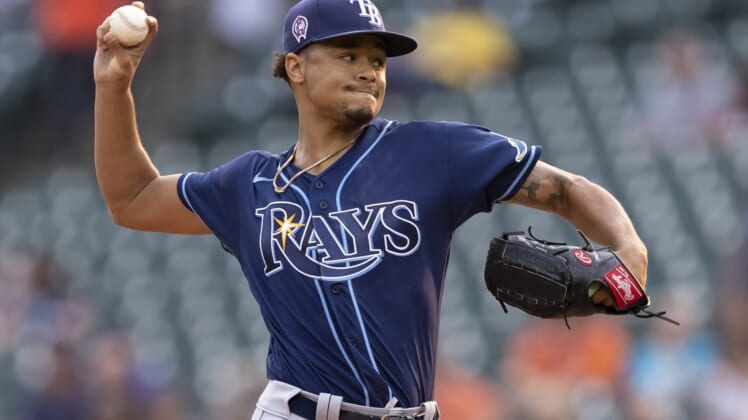 Sep 11, 2021; Detroit, Michigan, USA; Tampa Bay Rays starting pitcher Chris Archer (22) throws during the first inning against the Detroit Tigers at Comerica Park. Mandatory Credit: Raj Mehta-USA TODAY Sports