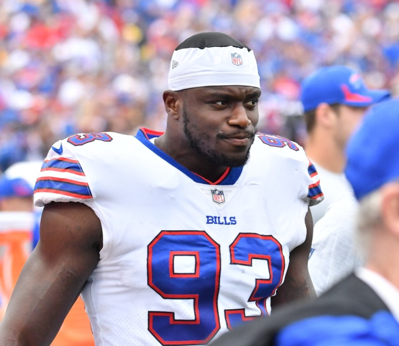 Sep 12, 2021; Orchard Park, New York, USA; Buffalo Bills defensive end Efe Obada (93) on the sideline prior to a game against the Pittsburgh Steelers at Highmark Stadium. Mandatory Credit: Mark Konezny-USA TODAY Sports