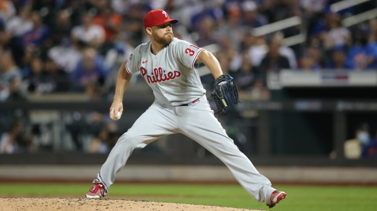 Sep 17, 2021; New York City, New York, USA; Philadelphia Phillies relief pitcher Ian Kennedy (31) pitches against the New York Mets during the ninth inning at Citi Field. Mandatory Credit: Brad Penner-USA TODAY Sports