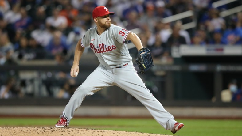 Sep 17, 2021; New York City, New York, USA; Philadelphia Phillies relief pitcher Ian Kennedy (31) pitches against the New York Mets during the ninth inning at Citi Field. Mandatory Credit: Brad Penner-USA TODAY Sports