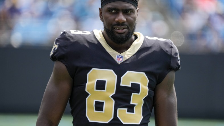 Sep 19, 2021; Charlotte, North Carolina, USA; New Orleans Saints tight end Juwan Johnson (83) during the first quarter against the Carolina Panthers at Bank of America Stadium. Mandatory Credit: Jim Dedmon-USA TODAY Sports