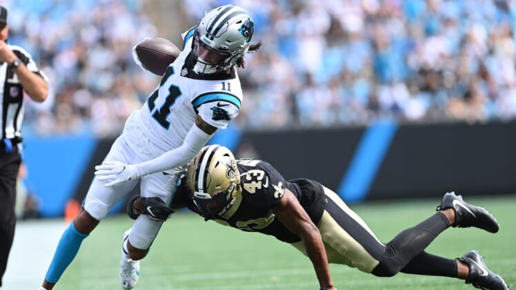 Sep 19, 2021; Charlotte, North Carolina, USA;  Carolina Panthers wide receiver Robby Anderson (11) with the ball as New Orleans Saints free safety Marcus Williams (43) defends in the fourth quarter at Bank of America Stadium. Mandatory Credit: Bob Donnan-USA TODAY Sports