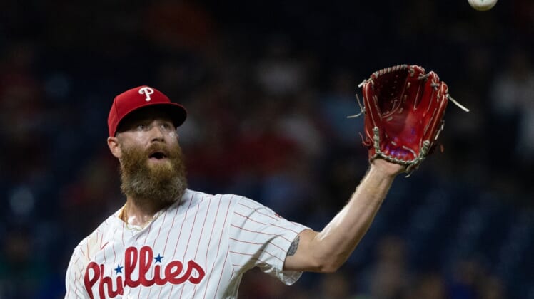 Sep 21, 2021; Philadelphia, Pennsylvania, USA; Philadelphia Phillies relief pitcher Archie Bradley (23) receives the ball to pitch the sixth inning against the Baltimore Orioles at Citizens Bank Park. Mandatory Credit: Bill Streicher-USA TODAY Sports