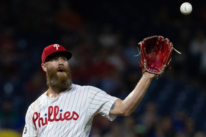 Sep 21, 2021; Philadelphia, Pennsylvania, USA; Philadelphia Phillies relief pitcher Archie Bradley (23) receives the ball to pitch the sixth inning against the Baltimore Orioles at Citizens Bank Park. Mandatory Credit: Bill Streicher-USA TODAY Sports