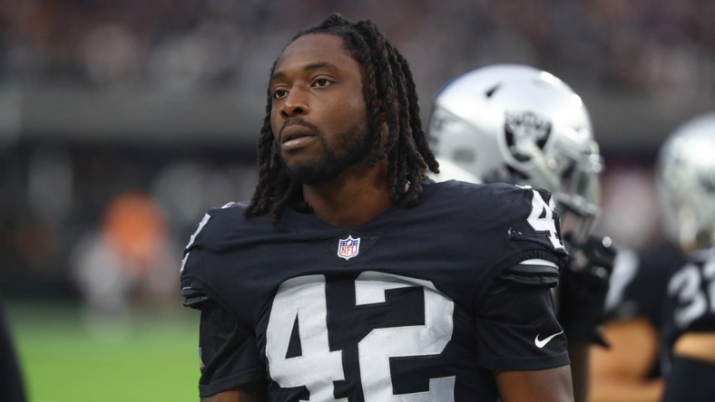 Sep 13, 2021; Paradise, Nevada, USA; Las Vegas Raiders linebacker Cory Littleton (42) against the Baltimore Ravens at Allegiant Stadium. Mandatory Credit: Mark J. Rebilas-USA TODAY Sports