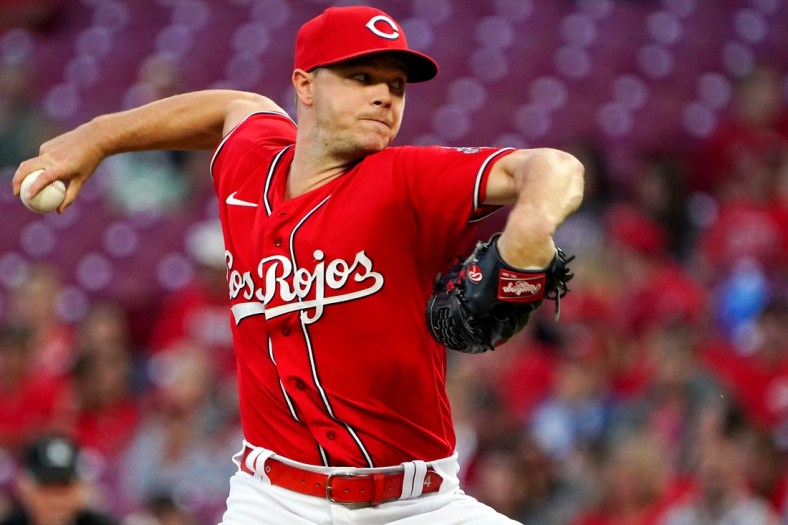 Cincinnati Reds starting pitcher Sonny Gray (54) delivers in the first inning of a baseball game against the Washington Nationals, Friday, Sept. 24, 2021, at Great American Ball Park in Cincinnati.

Washington Nationals At Cincinnati Reds Sept 24