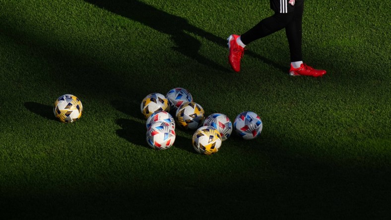 Sep 25, 2021; Commerce City, Colorado, USA; General view of MLS Adidas soccer balls on the pitch of Dick's Sporting Goods Park before the match between Toronto FC against the Colorado Rapids. Mandatory Credit: Ron Chenoy-USA TODAY Sports