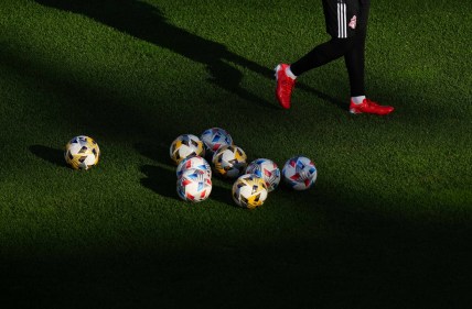 Sep 25, 2021; Commerce City, Colorado, USA; General view of MLS Adidas soccer balls on the pitch of Dick's Sporting Goods Park before the match between Toronto FC against the Colorado Rapids. Mandatory Credit: Ron Chenoy-USA TODAY Sports