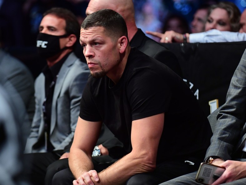 Sep 25, 2021; Las Vegas, Nevada, USA; Nate Diaz brother of Nick Diaz in attendance during UFC 266 at T-Mobile Arena. Mandatory Credit: Gary A. Vasquez-USA TODAY Sports