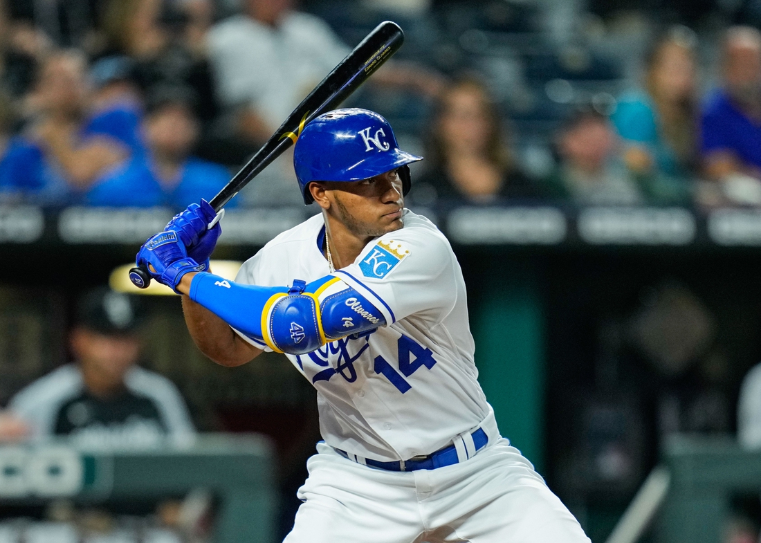 Sep 4, 2021; Kansas City, Missouri, USA; Kansas City Royals center fielder Edward Olivares (14) bats against the Chicago White Sox during the ninth inning at Kauffman Stadium. Mandatory Credit: Jay Biggerstaff-USA TODAY Sports