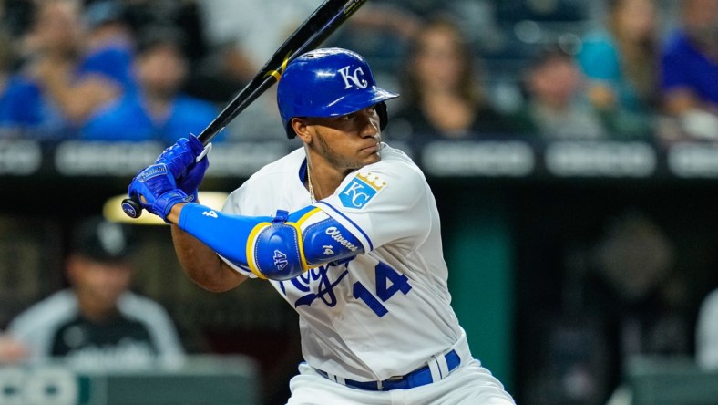 Sep 4, 2021; Kansas City, Missouri, USA; Kansas City Royals center fielder Edward Olivares (14) bats against the Chicago White Sox during the ninth inning at Kauffman Stadium. Mandatory Credit: Jay Biggerstaff-USA TODAY Sports