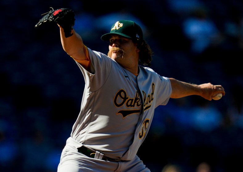 Sep 16, 2021; Kansas City, Missouri, USA; Oakland Athletics relief pitcher Andrew Chafin (39) pitches against the Kansas City Royals during the eighth inning at Kauffman Stadium. Mandatory Credit: Jay Biggerstaff-USA TODAY Sports