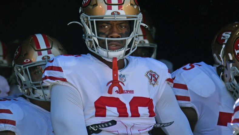 Sep 19, 2021; Philadelphia, Pennsylvania, USA;  San Francisco 49ers defensive end Arden Key (98) in the tunnel against the Philadelphia Eagles at Lincoln Financial Field. Mandatory Credit: Eric Hartline-USA TODAY Sports