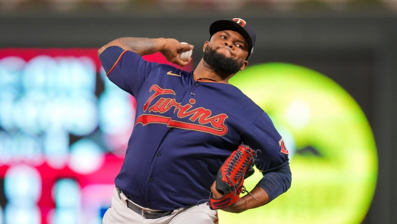 Sep 28, 2021; Minneapolis, Minnesota, USA; Minnesota Twins relief pitcher Alex Colome (48) pitches against the Detroit Tigers in the ninth inning at Target Field. Mandatory Credit: Brad Rempel-USA TODAY Sports