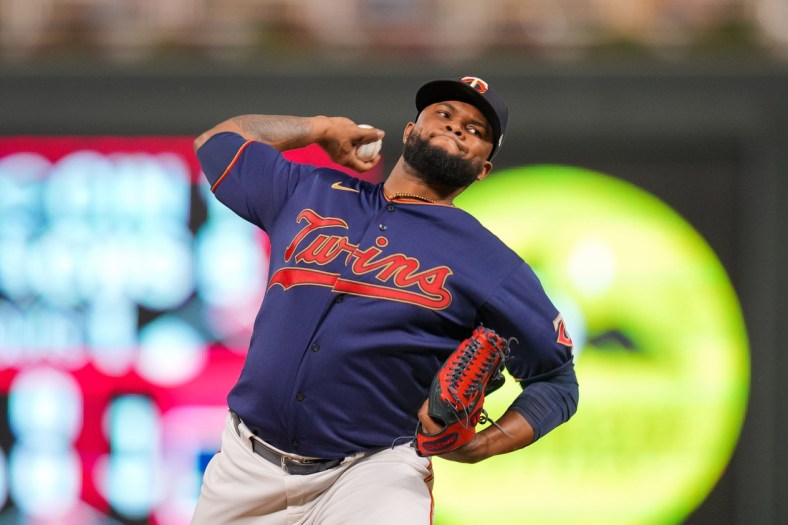 Sep 28, 2021; Minneapolis, Minnesota, USA; Minnesota Twins relief pitcher Alex Colome (48) pitches against the Detroit Tigers in the ninth inning at Target Field. Mandatory Credit: Brad Rempel-USA TODAY Sports
