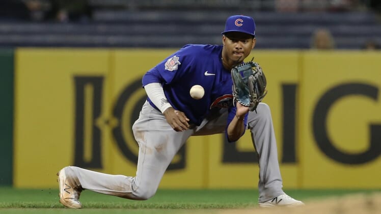 Sep 30, 2021; Pittsburgh, Pennsylvania, USA;  Chicago Cubs shortstop Sergio Alcantara (51) fields a ground ball to begin a double play against the Pittsburgh Pirates during the seventh inning at PNC Park. Mandatory Credit: Charles LeClaire-USA TODAY Sports